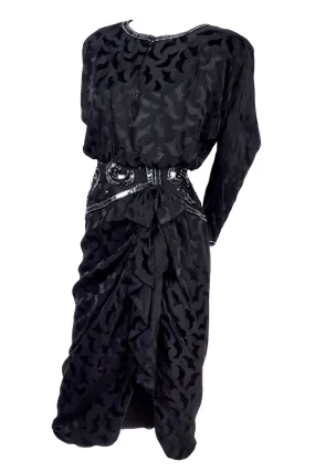 1980s AJ Bari Black Silk Dress Asymetrical Beaded w/ Sequins