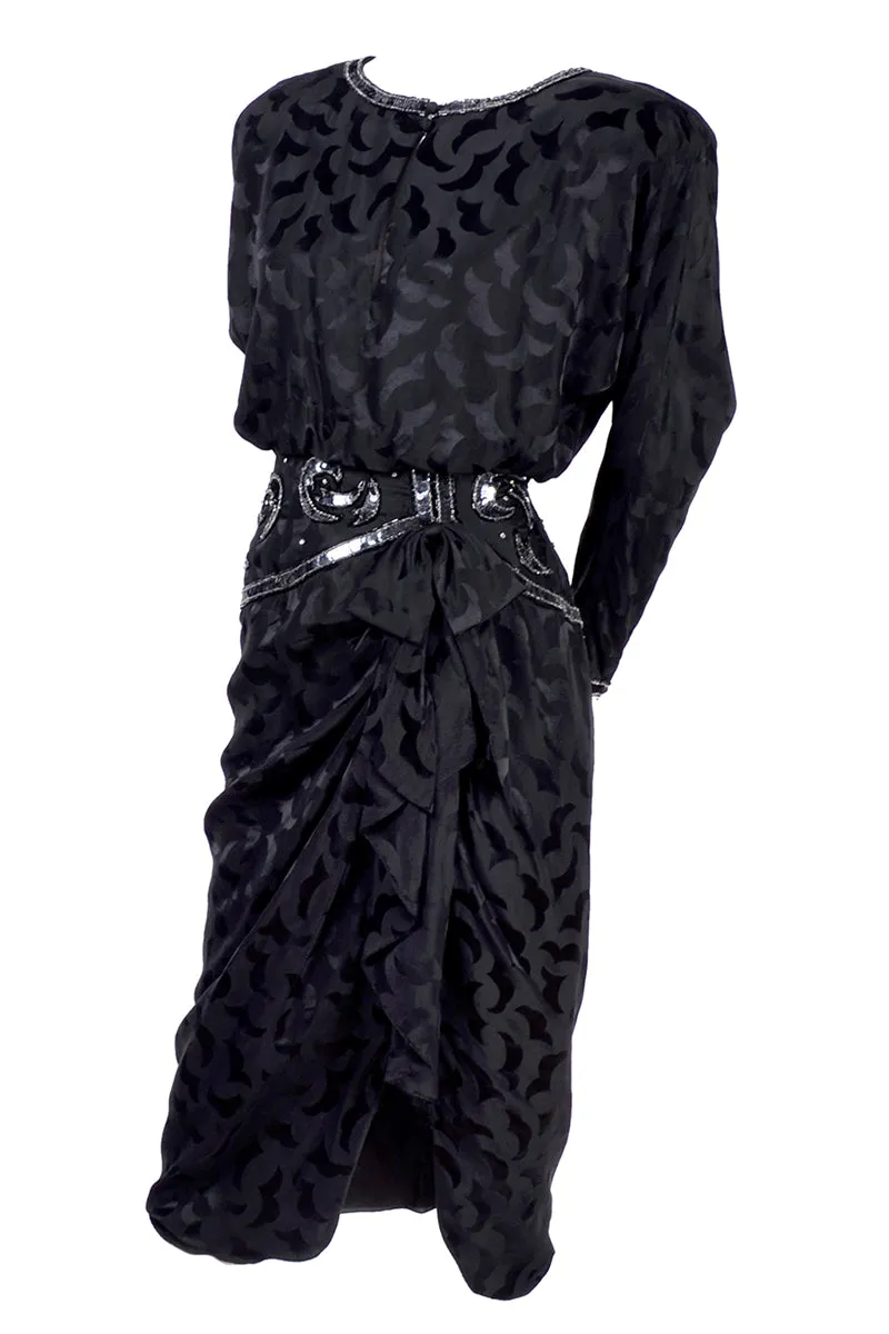1980s AJ Bari Black Silk Dress Asymetrical Beaded w/ Sequins