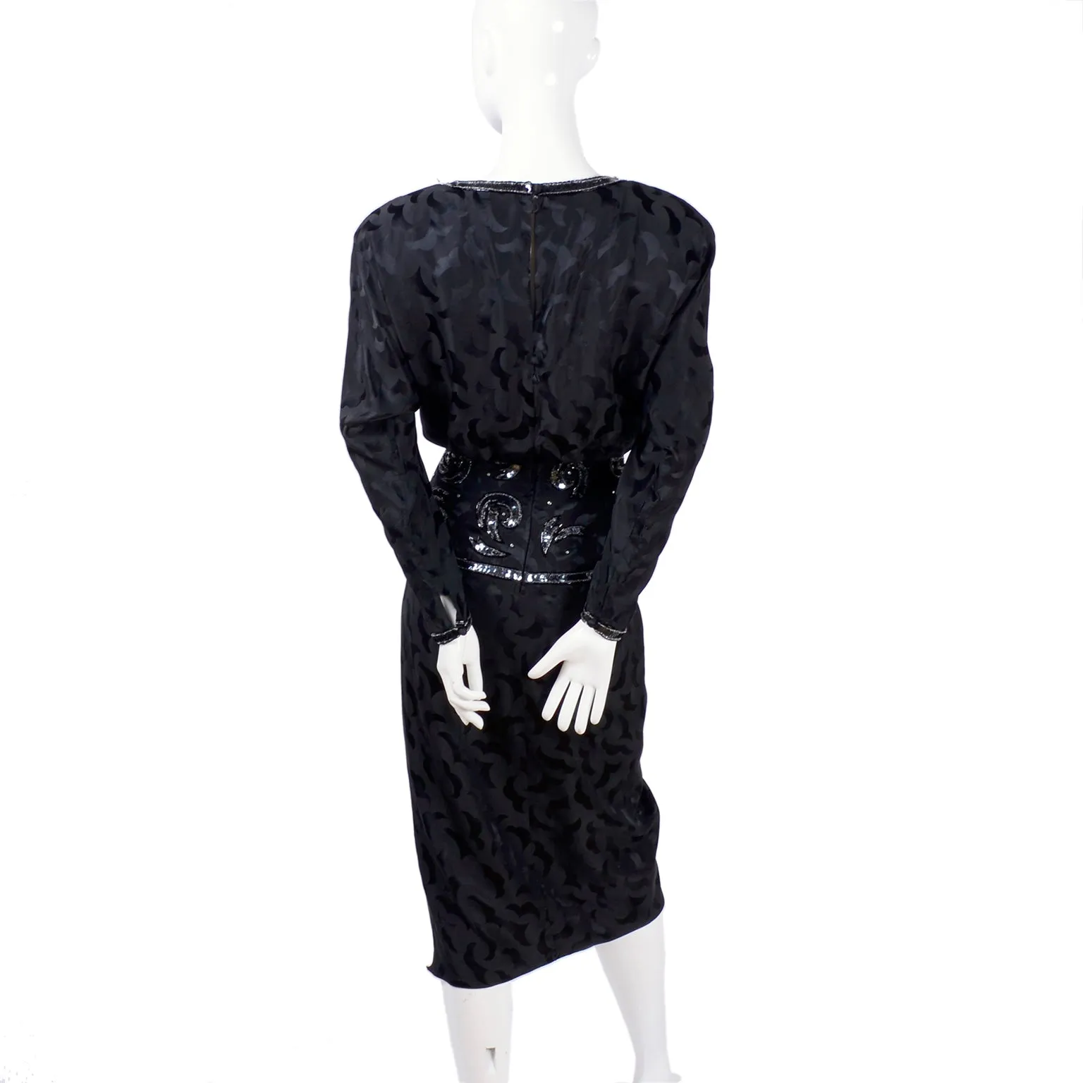 1980s AJ Bari Black Silk Dress Asymetrical Beaded w/ Sequins