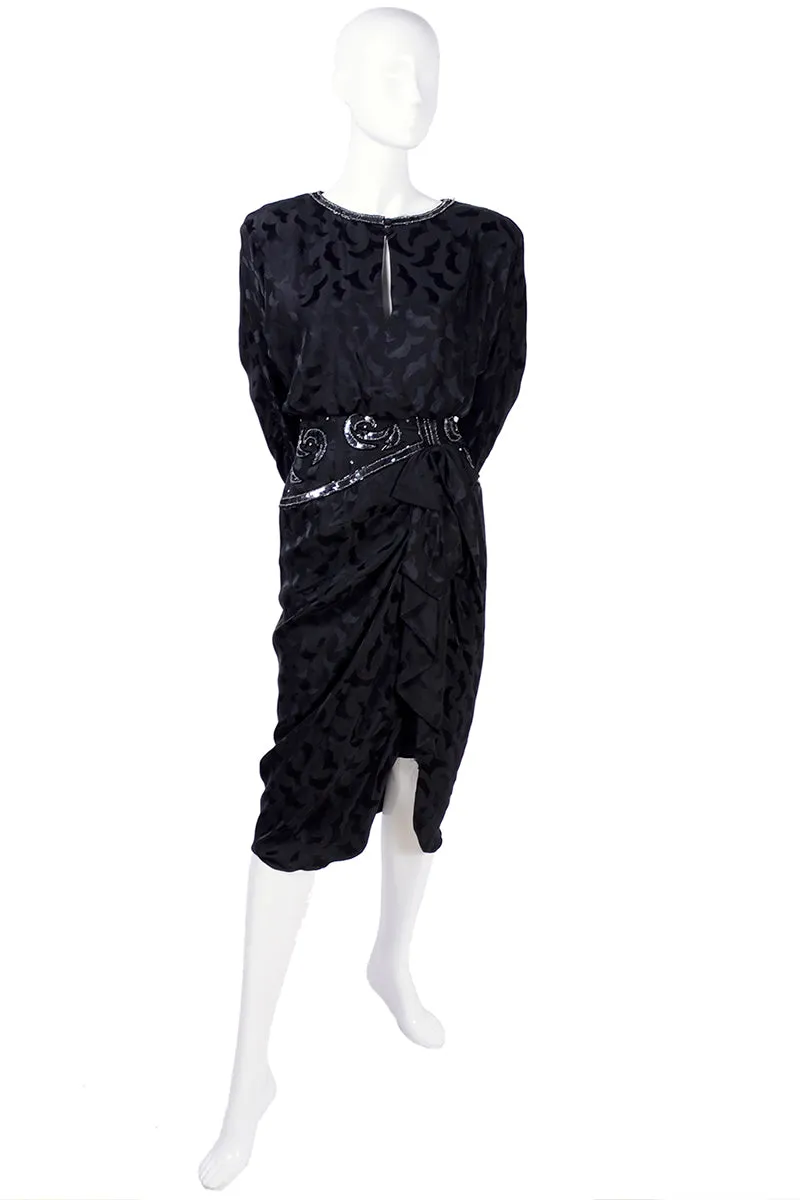 1980s AJ Bari Black Silk Dress Asymetrical Beaded w/ Sequins