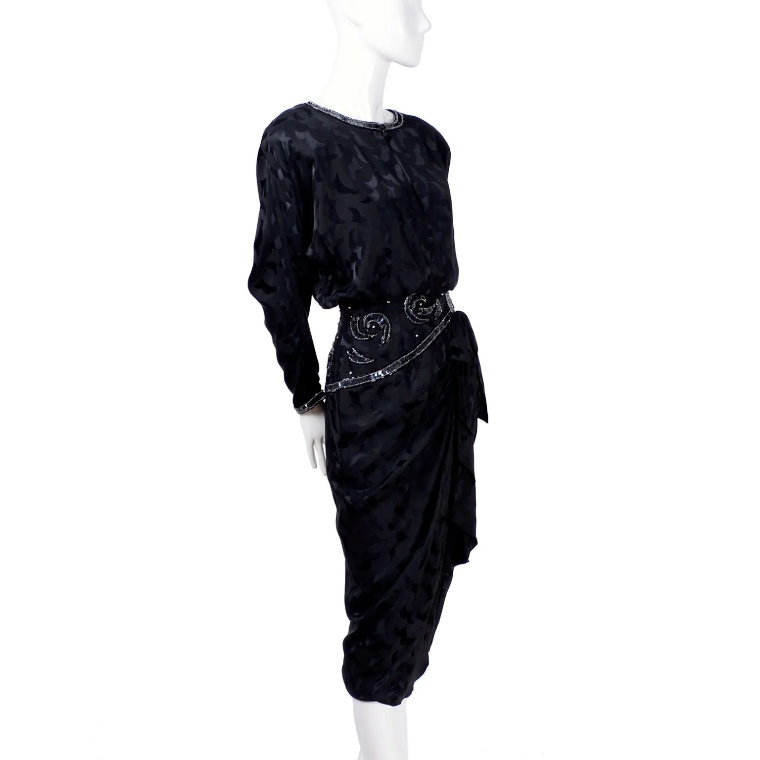 1980s AJ Bari Black Silk Dress Asymetrical Beaded w/ Sequins