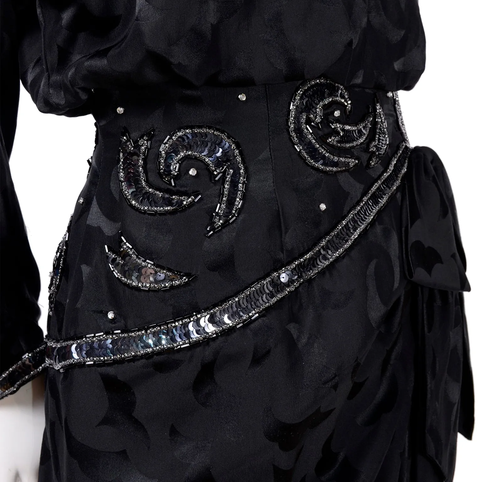 1980s AJ Bari Black Silk Dress Asymetrical Beaded w/ Sequins