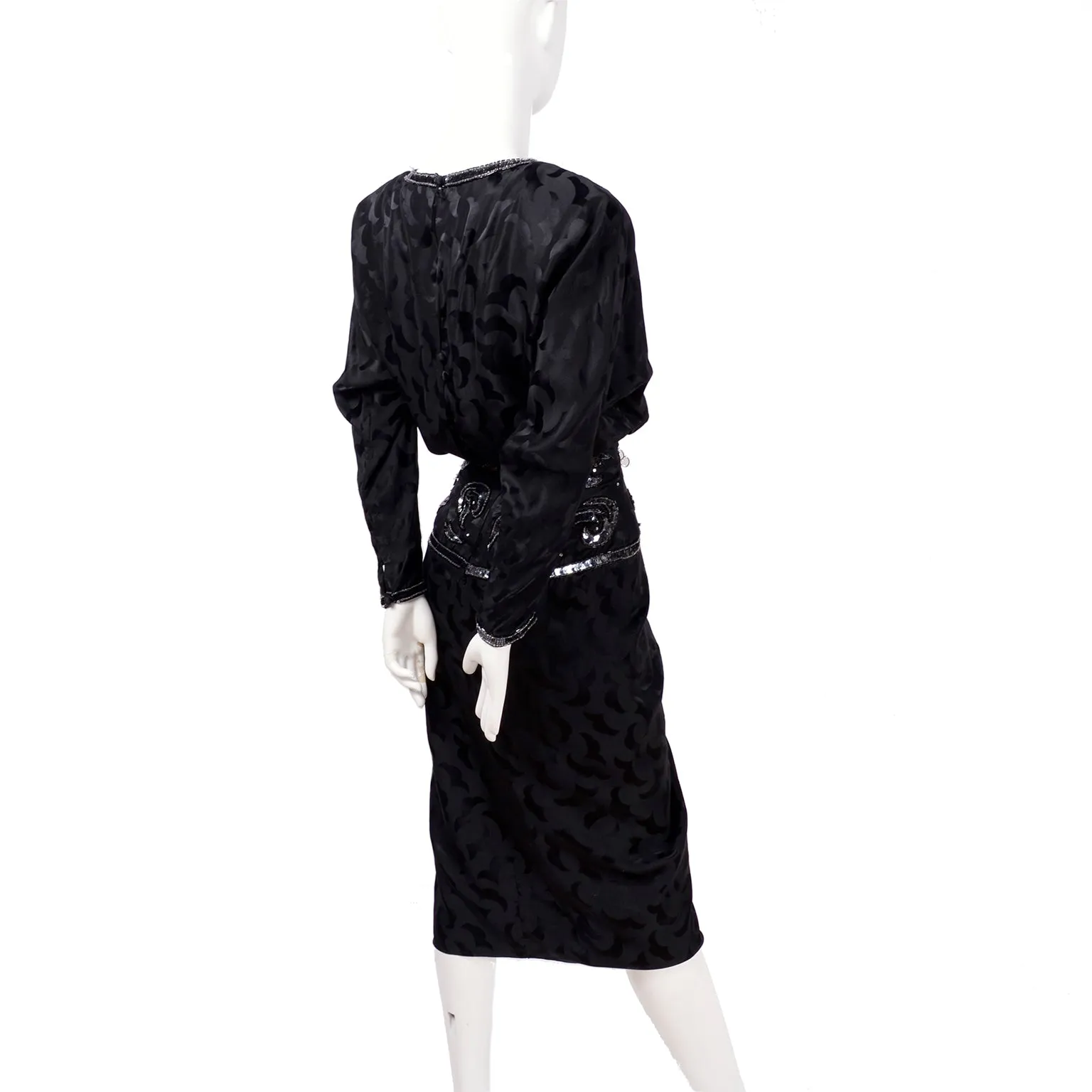 1980s AJ Bari Black Silk Dress Asymetrical Beaded w/ Sequins