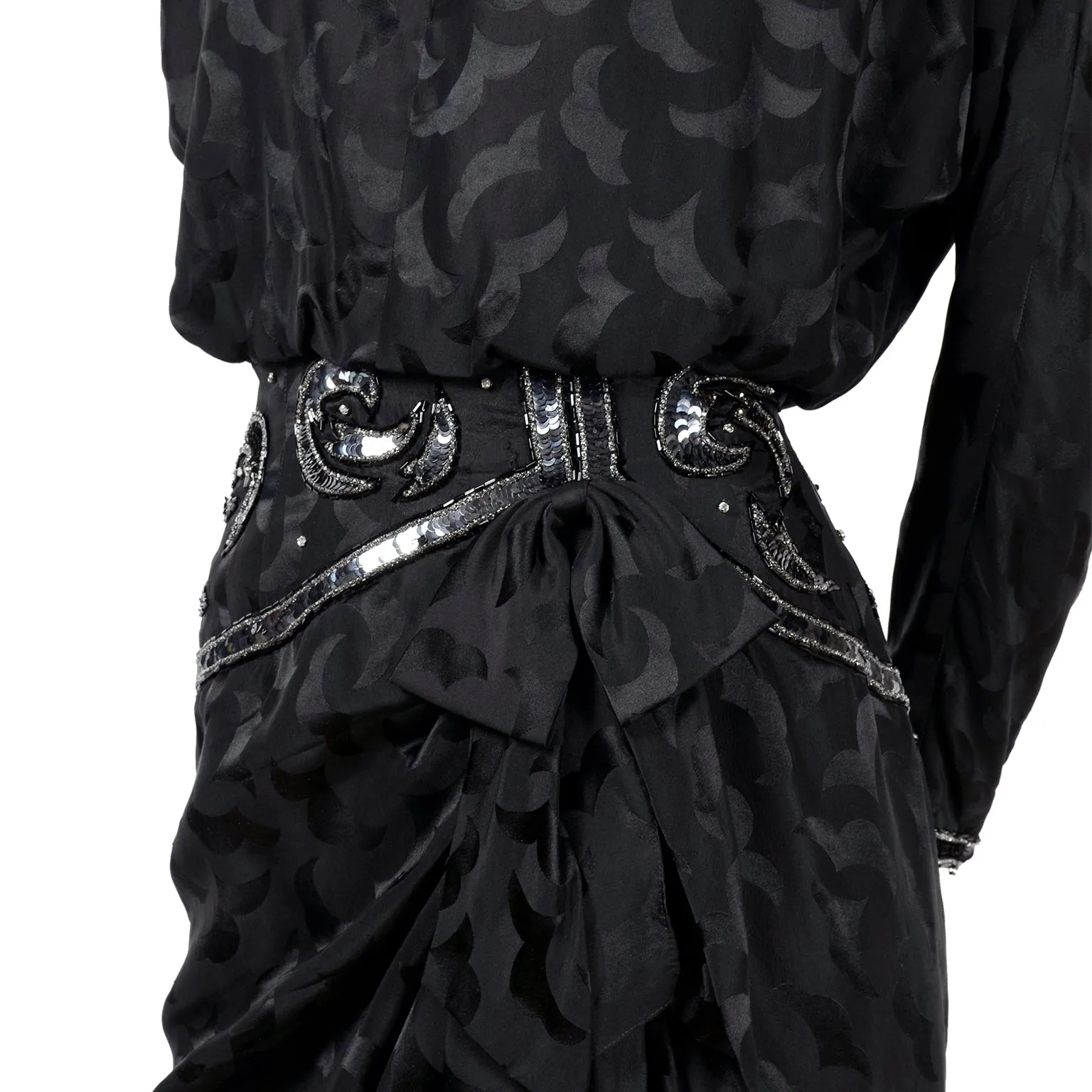 1980s AJ Bari Black Silk Dress Asymetrical Beaded w/ Sequins