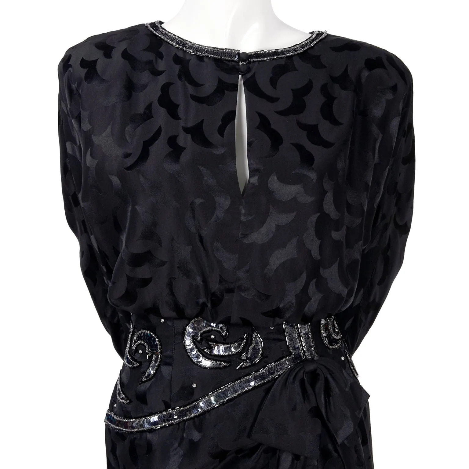 1980s AJ Bari Black Silk Dress Asymetrical Beaded w/ Sequins