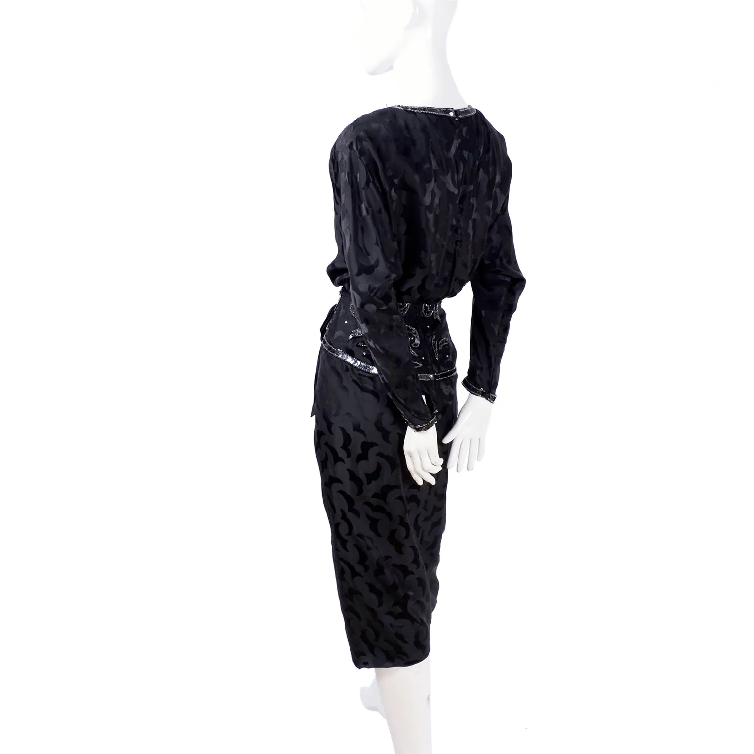 1980s AJ Bari Black Silk Dress Asymetrical Beaded w/ Sequins