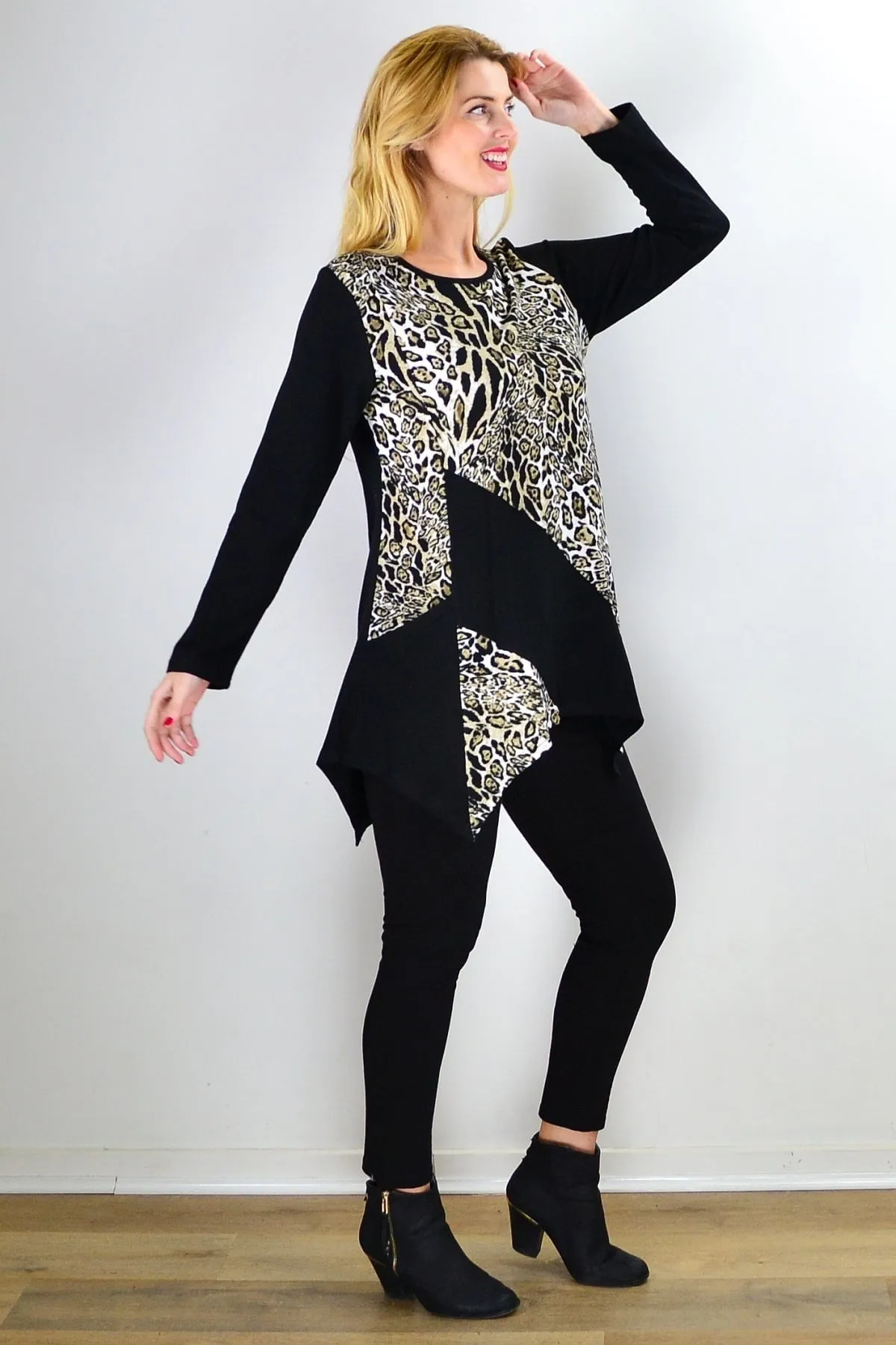 Animal Print Asymmetrical Hem Tunic Top