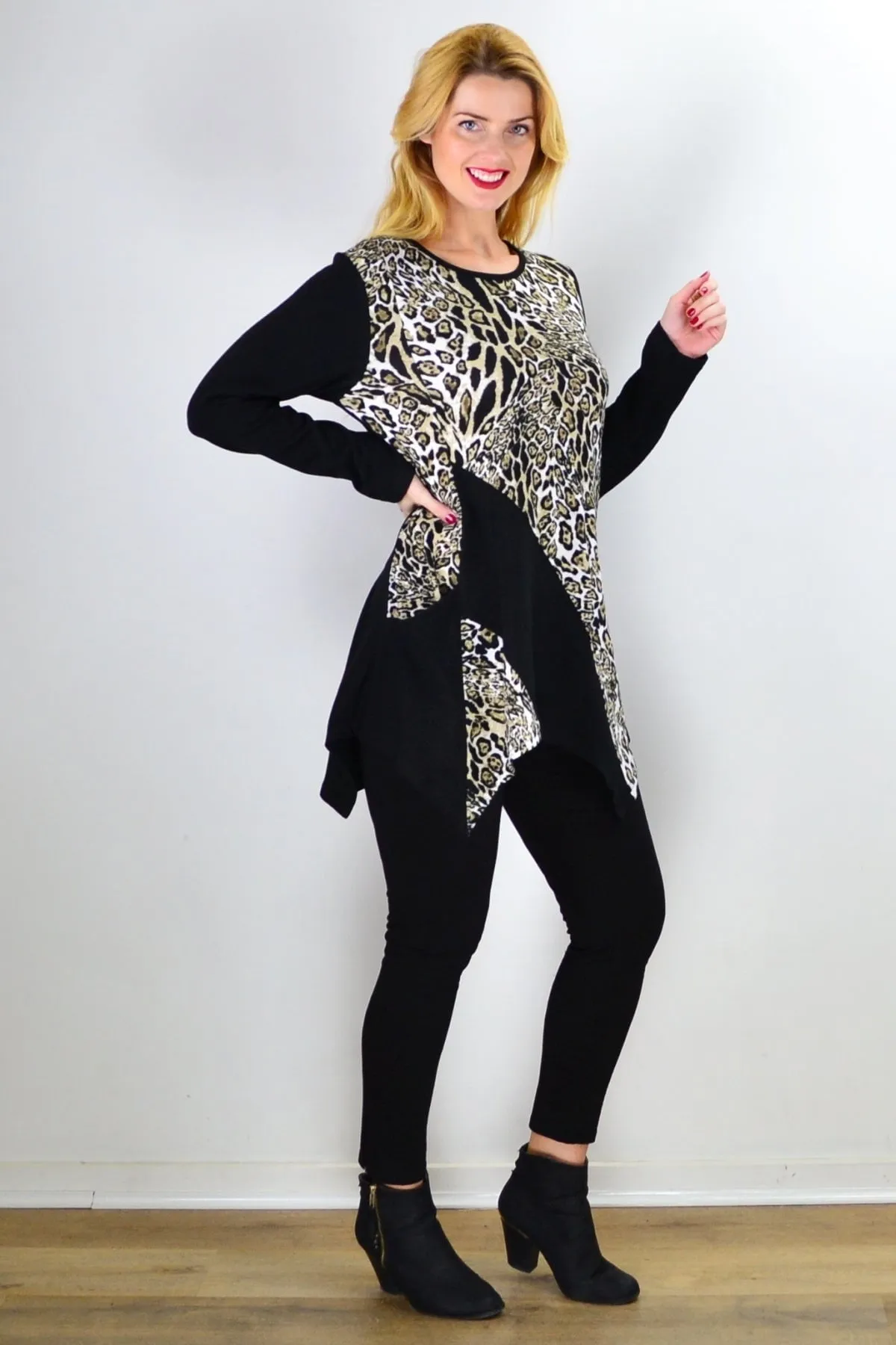 Animal Print Asymmetrical Hem Tunic Top