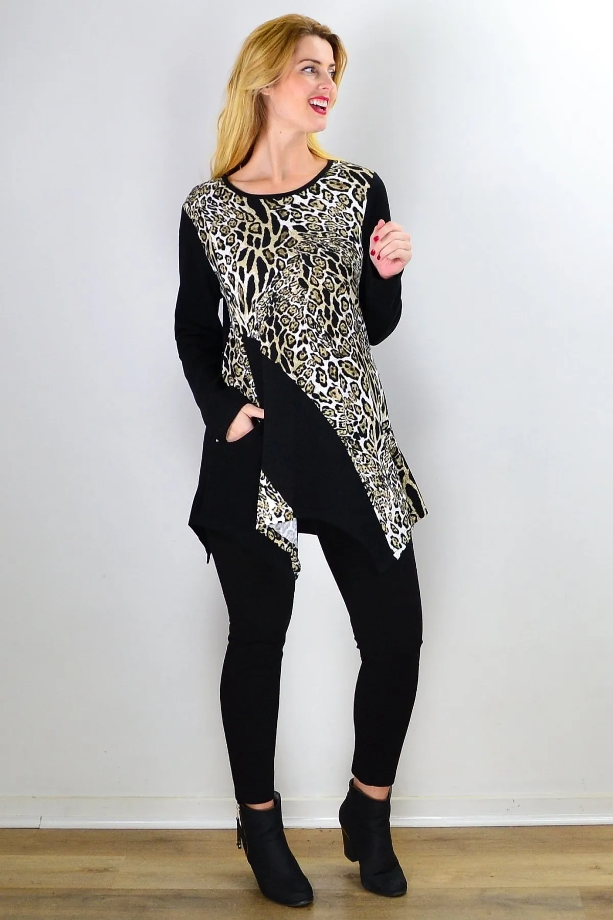 Animal Print Asymmetrical Hem Tunic Top