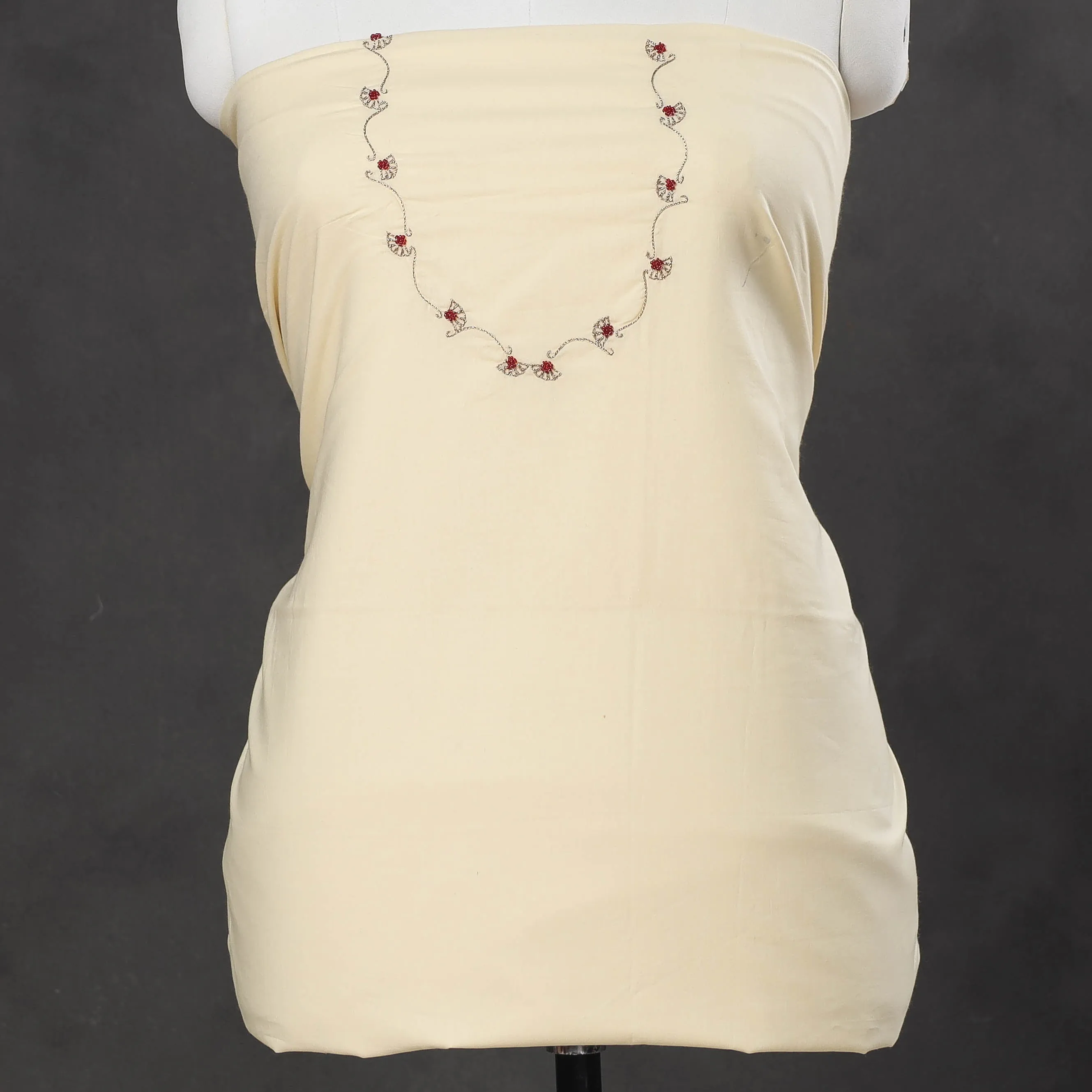 Beige - Hand Embroidery Plain Cotton Kurta Material - 3 Meter