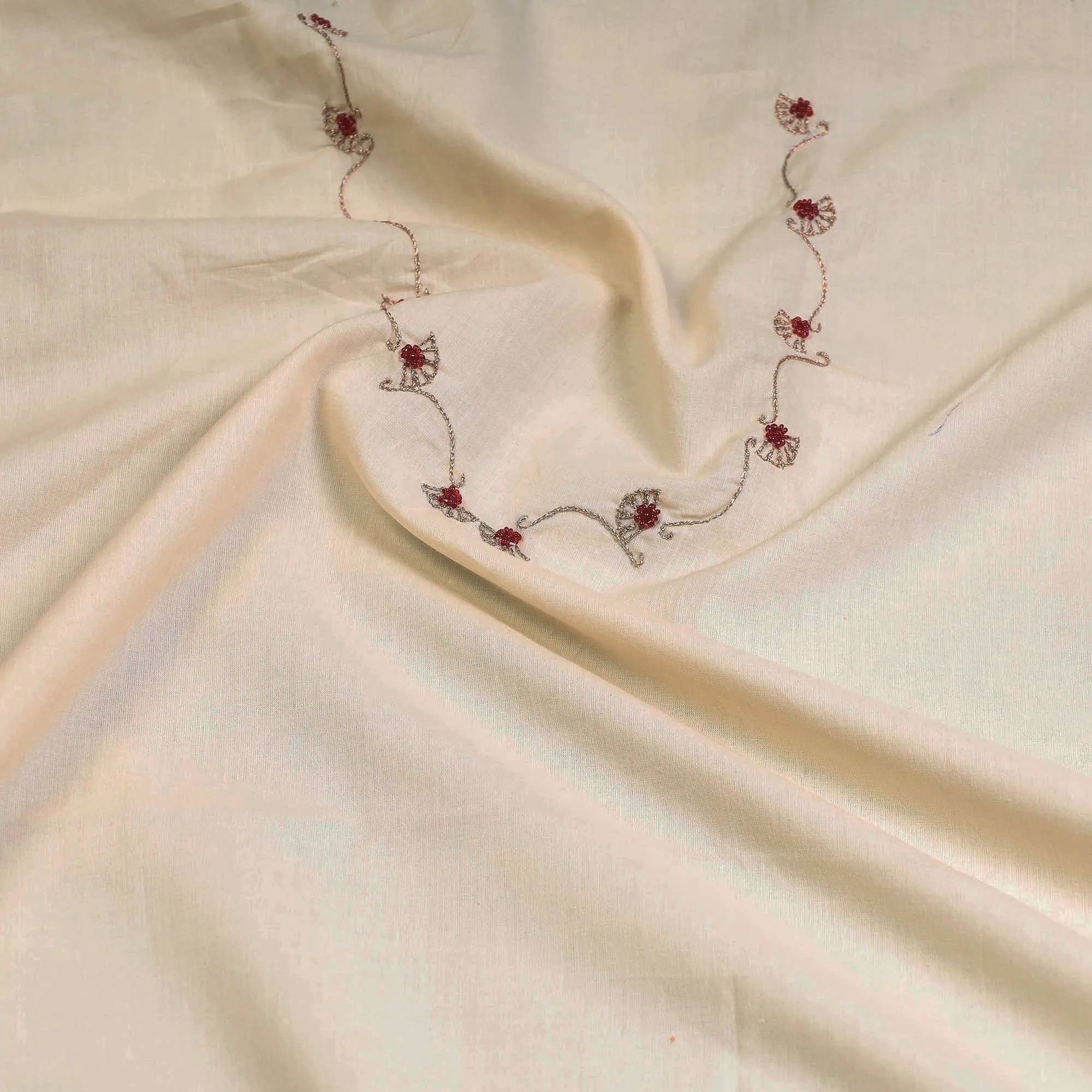 Beige - Hand Embroidery Plain Cotton Kurta Material - 3 Meter