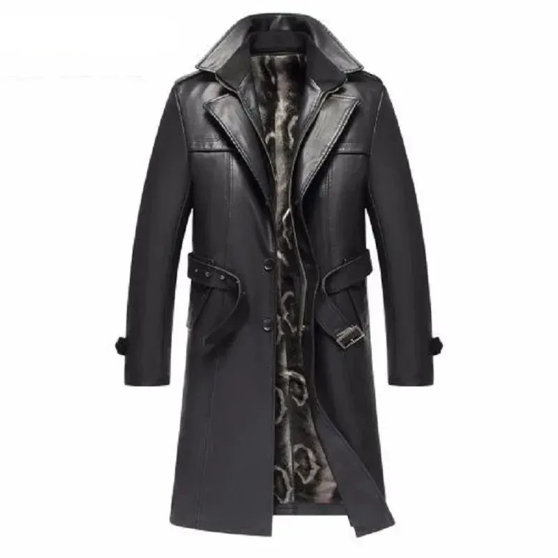 Black Leather Men's Thick Trench Coat