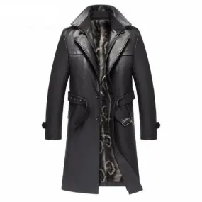Black Leather Men's Thick Trench Coat
