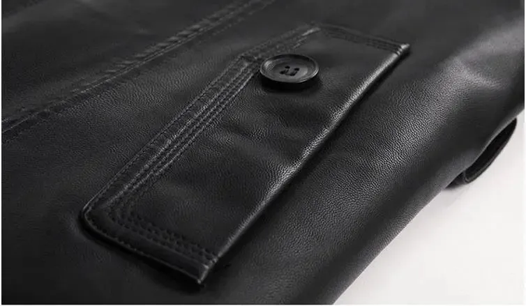 Black Leather Men's Thick Trench Coat