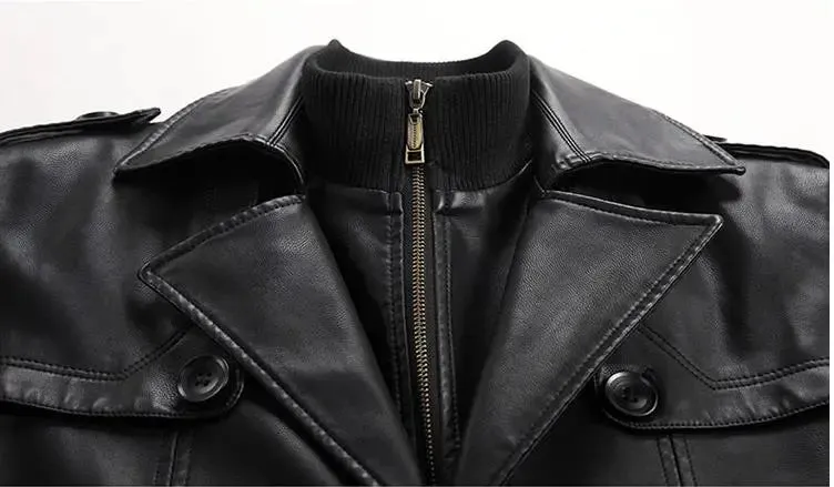 Black Leather Men's Thick Trench Coat