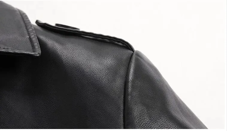 Black Leather Men's Thick Trench Coat
