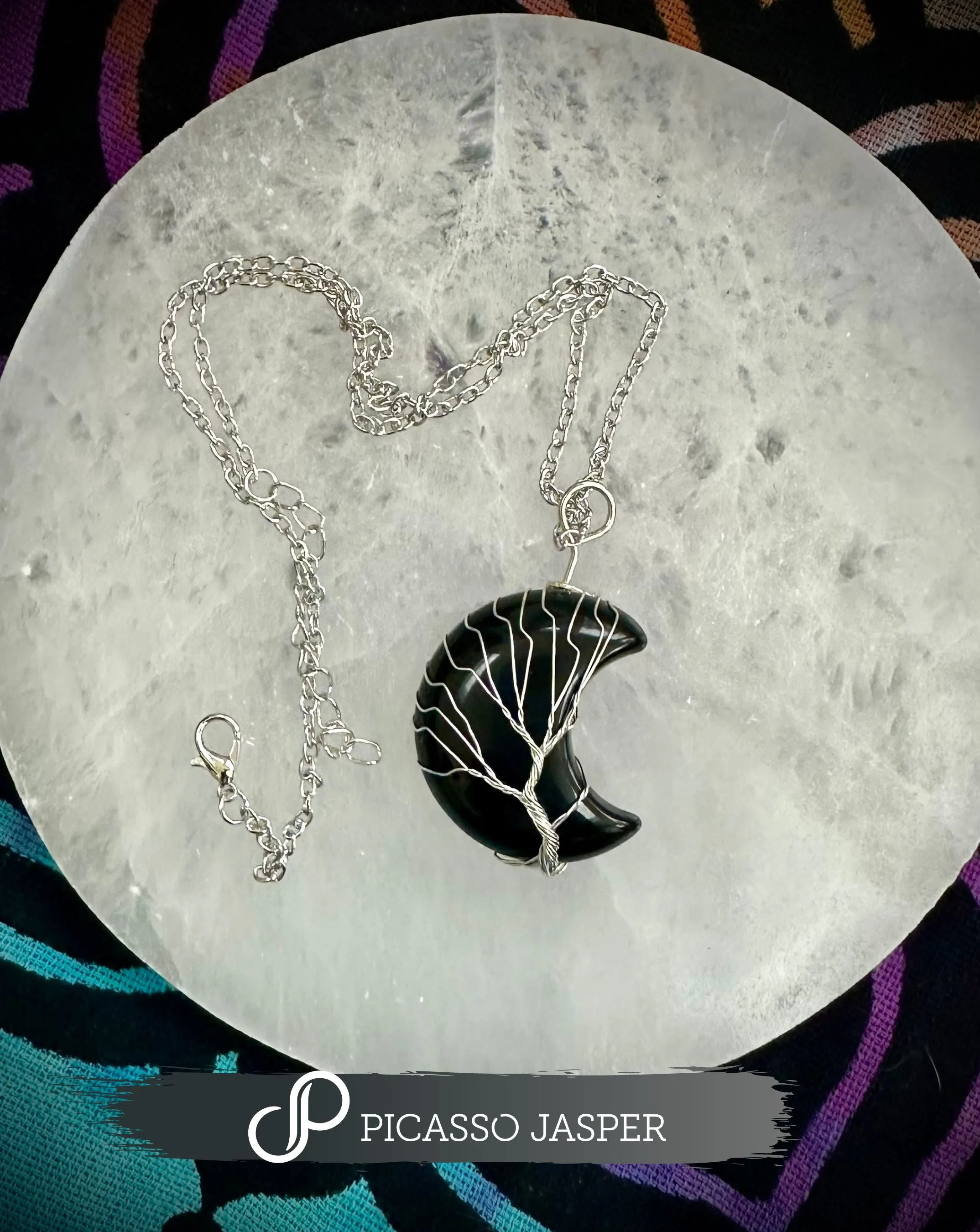 Black Obsidian, Crescent Moon Pendant   Necklace