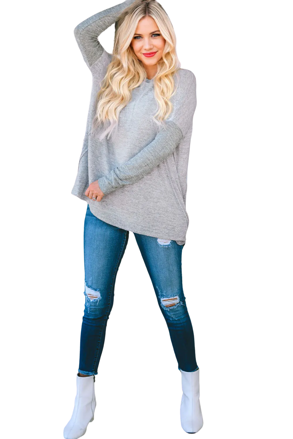 Brushed Fleece Flowy Tunic Top with Pockets - Gray