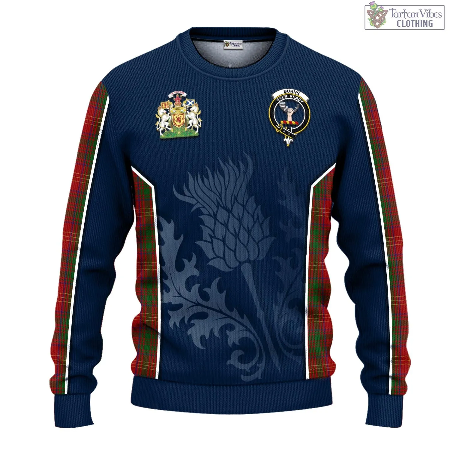 Burns Tartan Knitted Sweatshirt with Family Crest and Scottish Thistle Vibes Sport Style