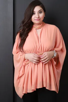 Chiffon Beaded Keyhole Mock Neck Poncho Top