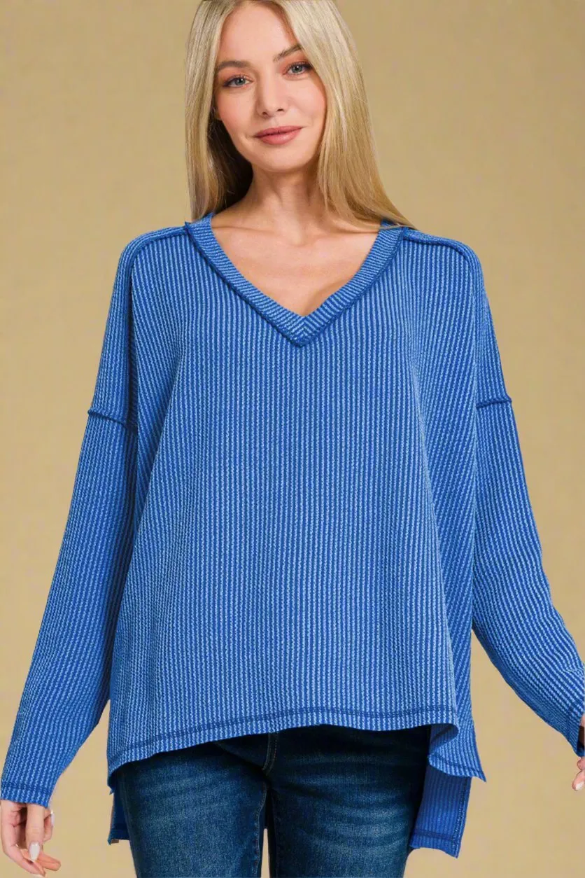 Classic Blue V-Neck Long Sleeve T-Shirt