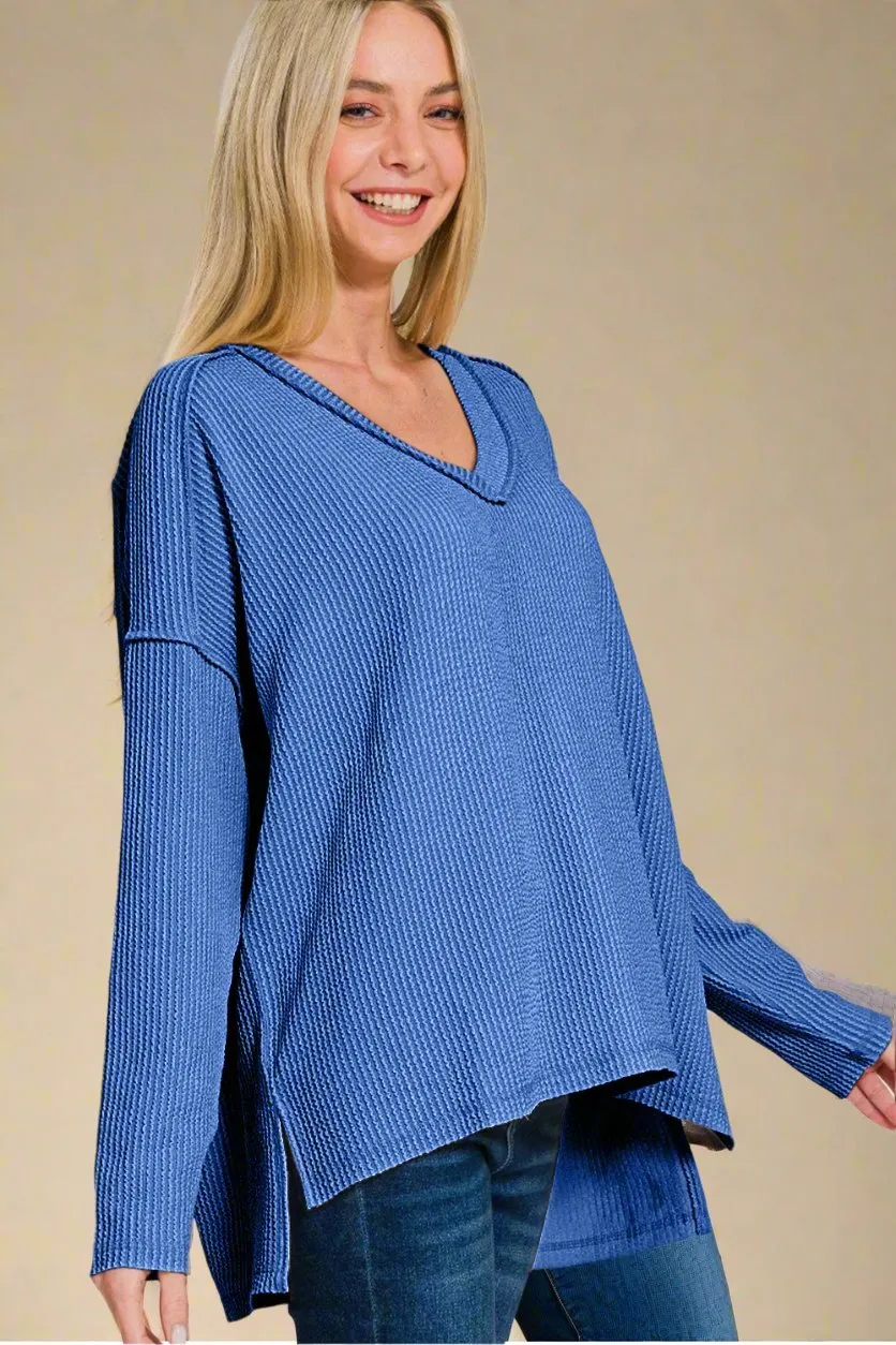 Classic Blue V-Neck Long Sleeve T-Shirt