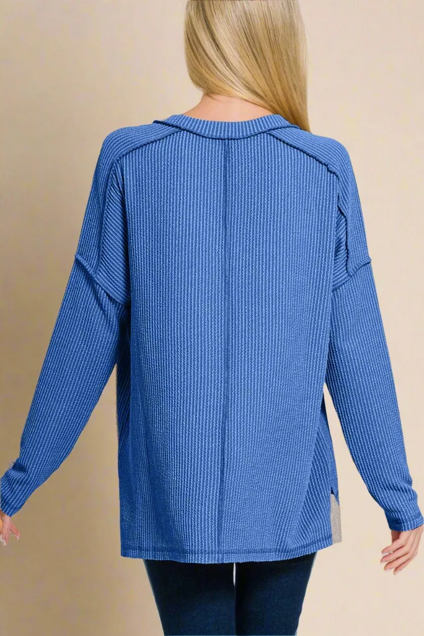 Classic Blue V-Neck Long Sleeve T-Shirt