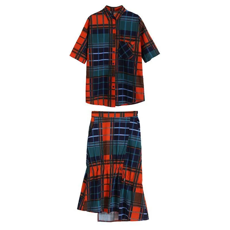 Colorful Aesthetic Plaid Shirt   Midi Irregular Skirt