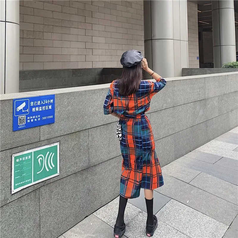 Colorful Aesthetic Plaid Shirt   Midi Irregular Skirt