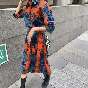 Colorful Aesthetic Plaid Shirt   Midi Irregular Skirt
