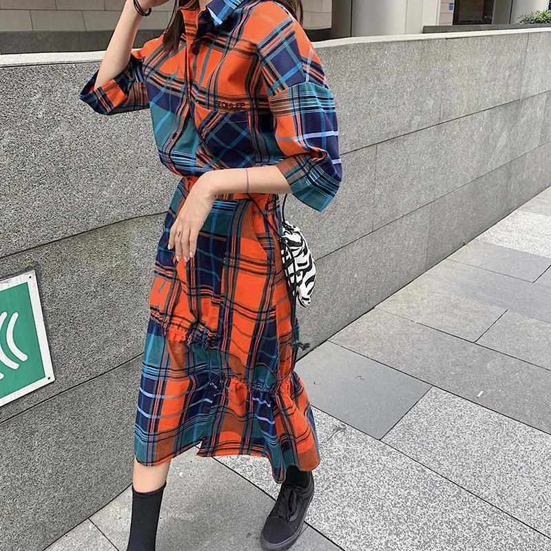 Colorful Aesthetic Plaid Shirt   Midi Irregular Skirt