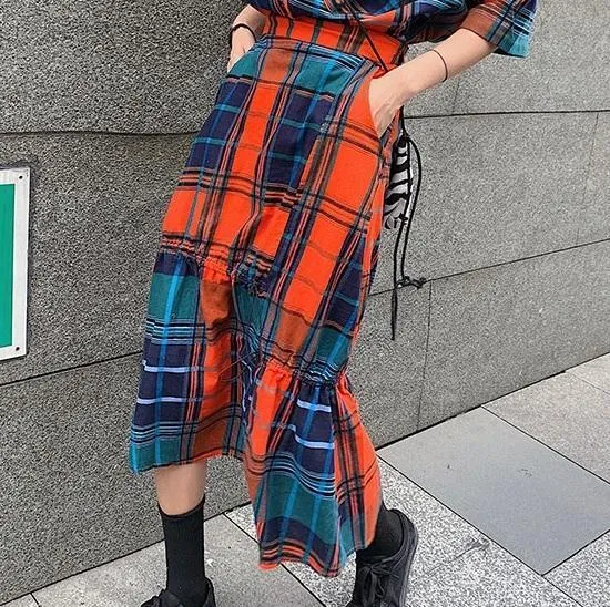Colorful Aesthetic Plaid Shirt   Midi Irregular Skirt