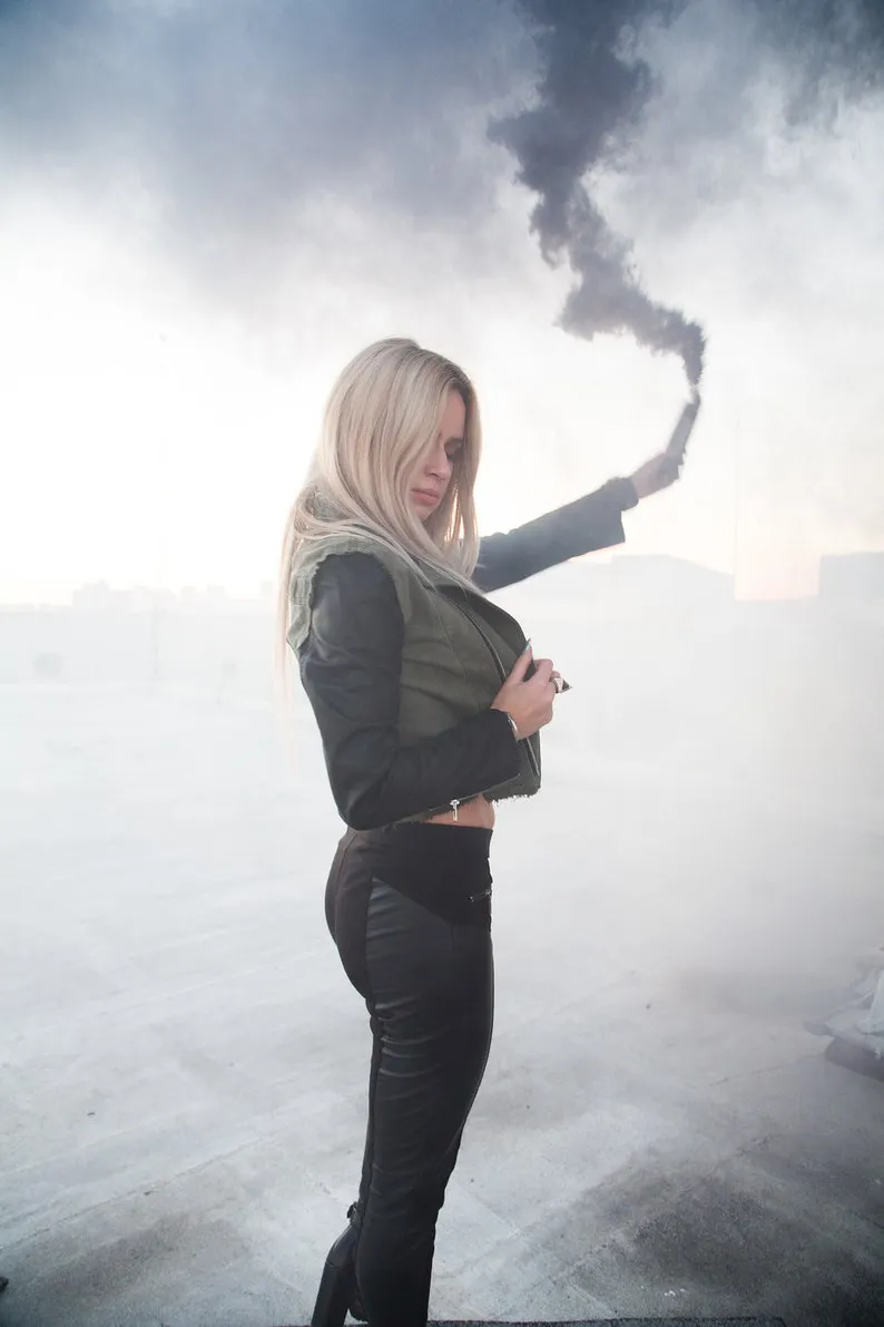 Commander Cropped Military Mechanic Cotton and Leather Combo Jacket