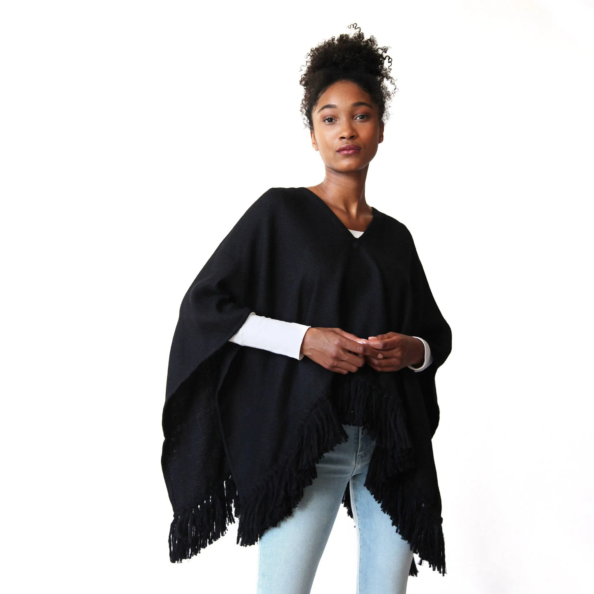 Cropped Fringe Alpaca Poncho