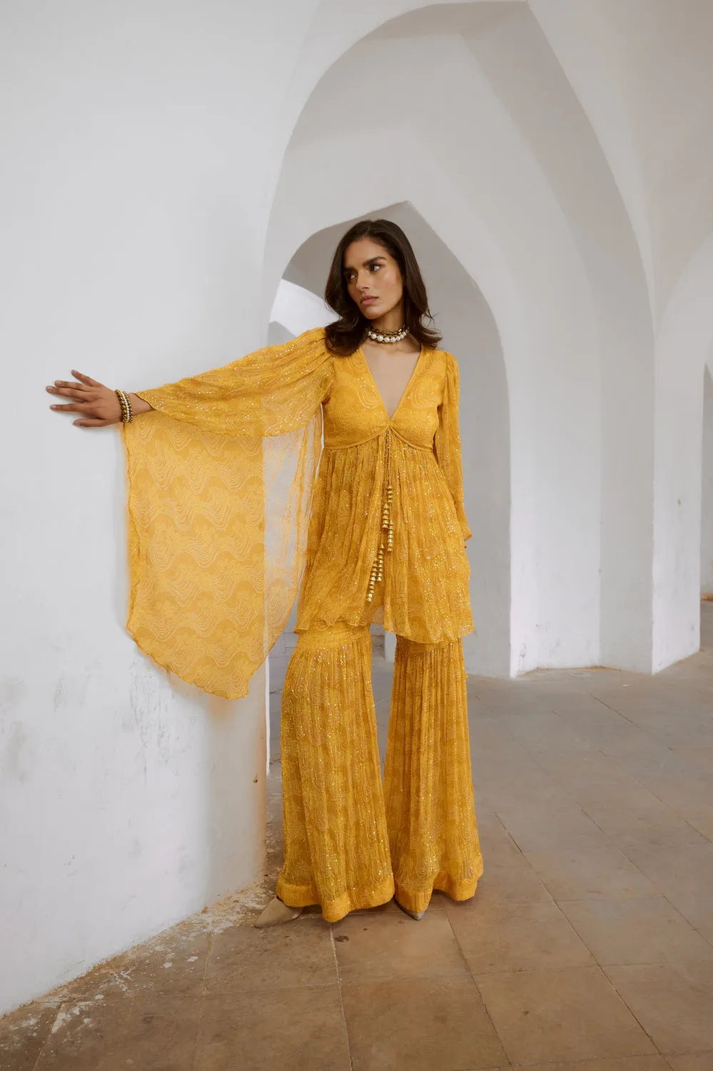 Floral Print Jugnu Winged Tunic & Sharara Set