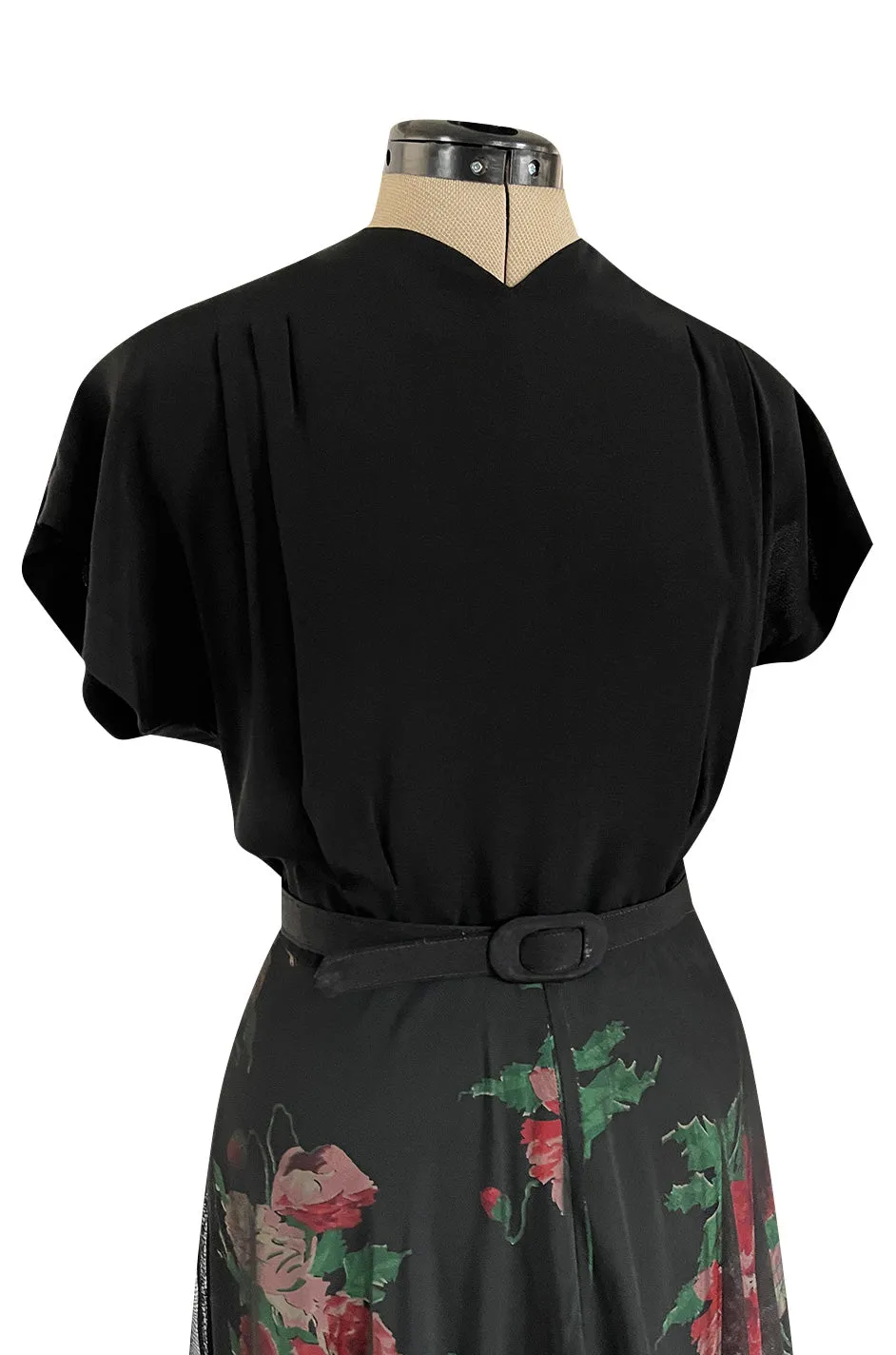 Gorgeous 1930s Best & Co. Black Silky Rayon Top w Netted Over Floral Printed Swing Skirt