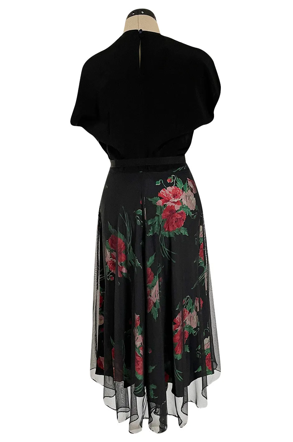 Gorgeous 1930s Best & Co. Black Silky Rayon Top w Netted Over Floral Printed Swing Skirt
