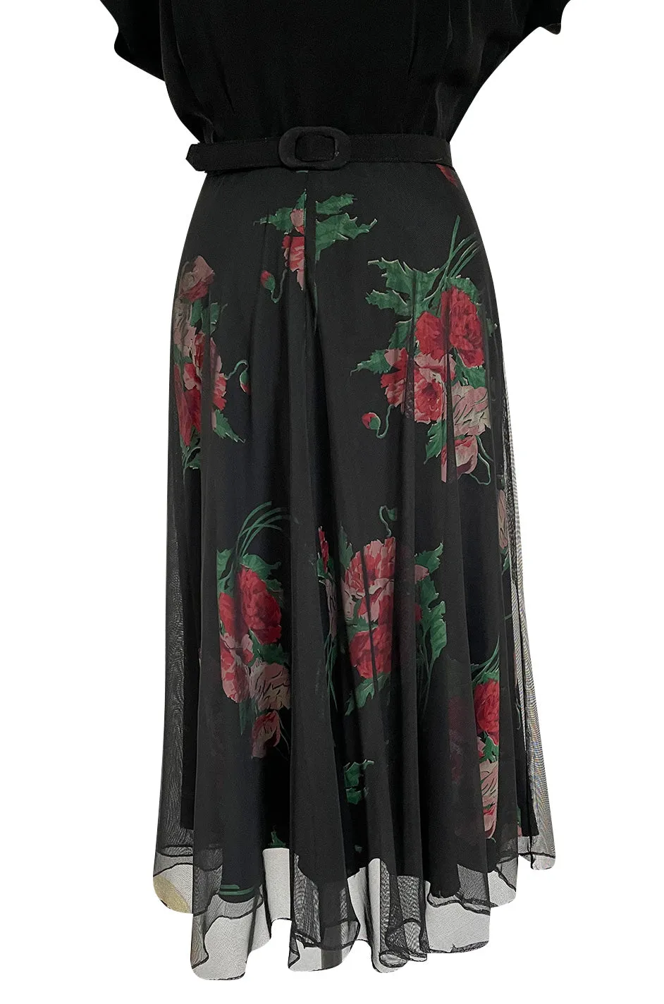 Gorgeous 1930s Best & Co. Black Silky Rayon Top w Netted Over Floral Printed Swing Skirt