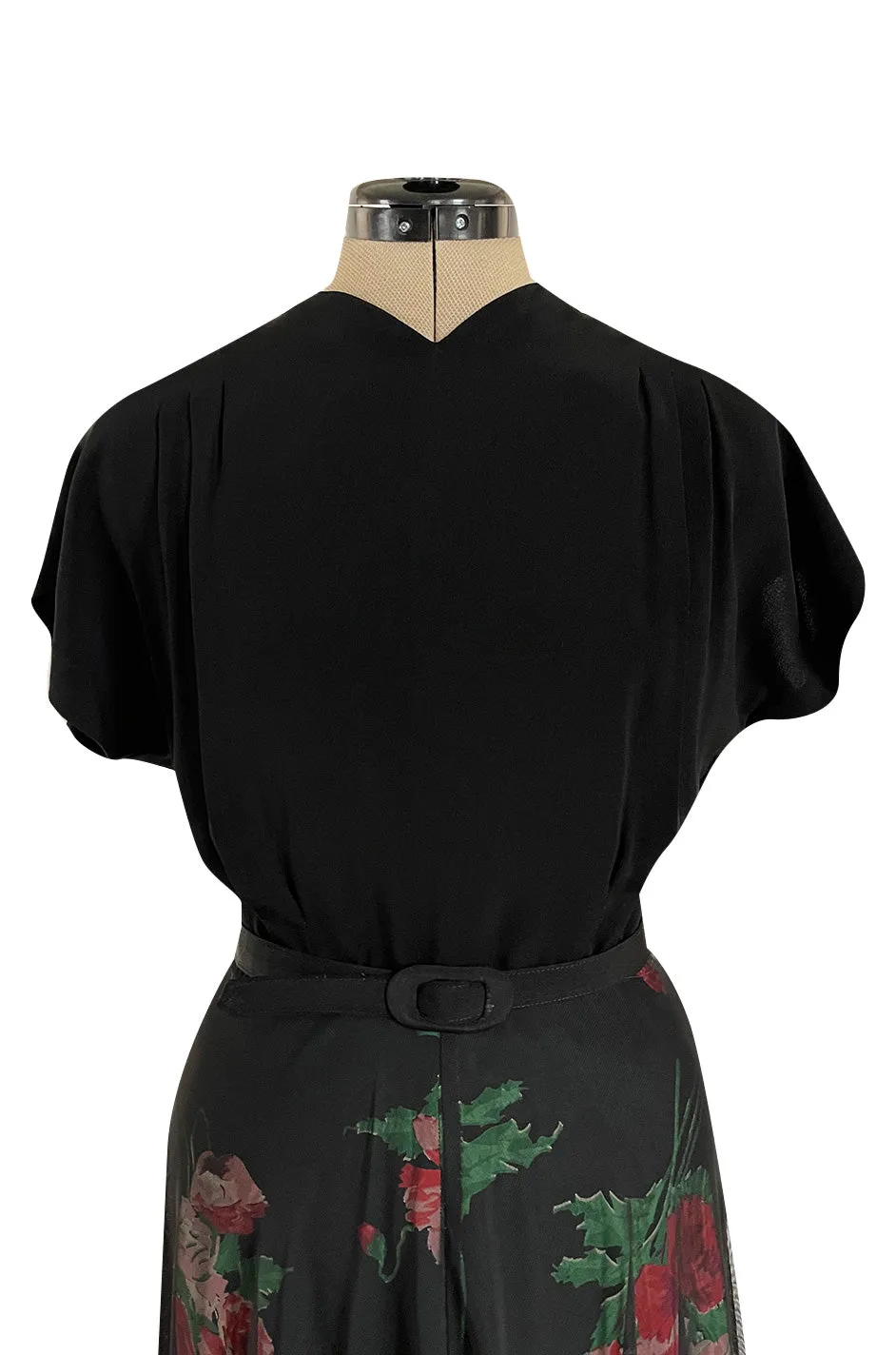 Gorgeous 1930s Best & Co. Black Silky Rayon Top w Netted Over Floral Printed Swing Skirt