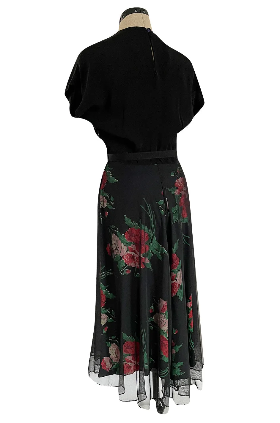 Gorgeous 1930s Best & Co. Black Silky Rayon Top w Netted Over Floral Printed Swing Skirt