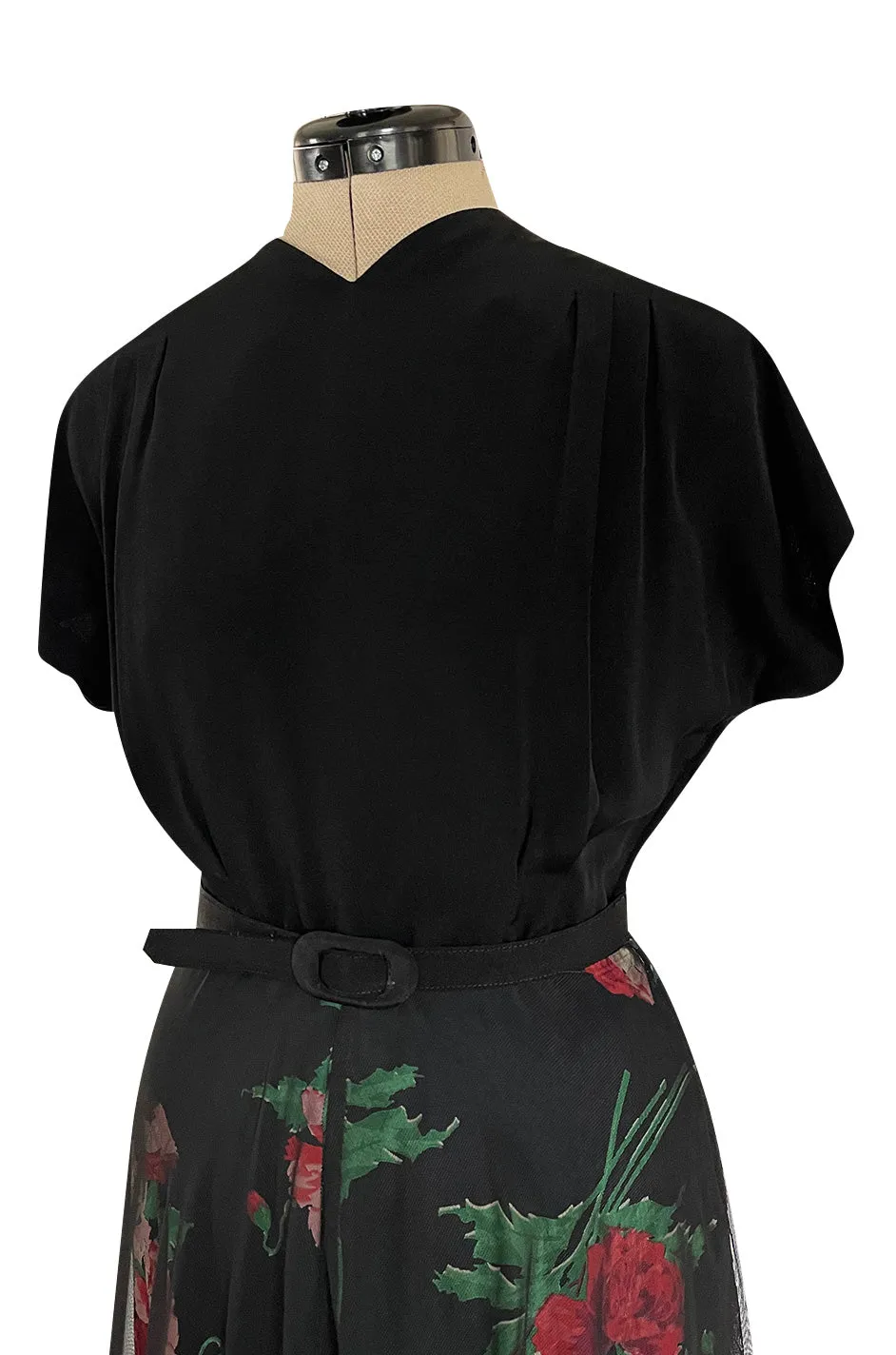 Gorgeous 1930s Best & Co. Black Silky Rayon Top w Netted Over Floral Printed Swing Skirt
