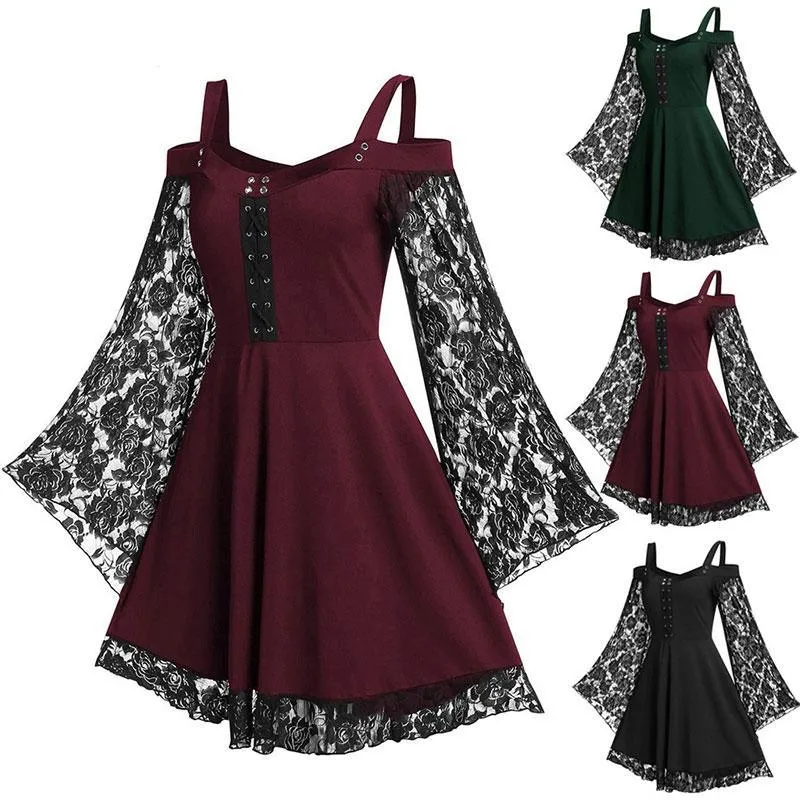 Gothic Flared Lace Sleeve Vintage Style Dress Grunge Fairy Lace Patchwork Black Y2K Punk Mall Goth Rock Kawaii Cute Sexy Floral