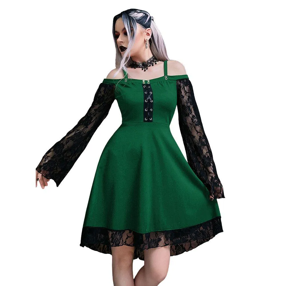 Gothic Flared Lace Sleeve Vintage Style Dress Grunge Fairy Lace Patchwork Black Y2K Punk Mall Goth Rock Kawaii Cute Sexy Floral