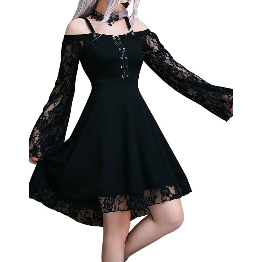 Gothic Flared Lace Sleeve Vintage Style Dress Grunge Fairy Lace Patchwork Black Y2K Punk Mall Goth Rock Kawaii Cute Sexy Floral