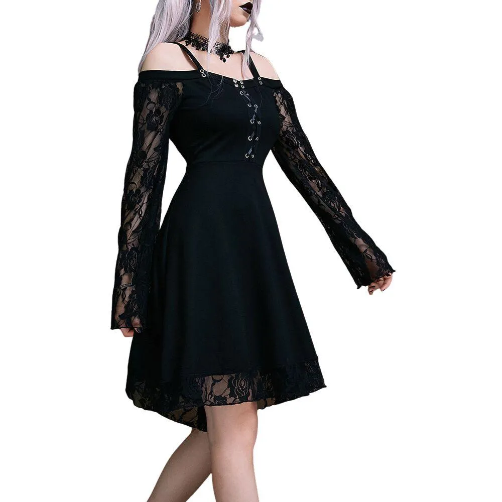 Gothic Flared Lace Sleeve Vintage Style Dress Grunge Fairy Lace Patchwork Black Y2K Punk Mall Goth Rock Kawaii Cute Sexy Floral