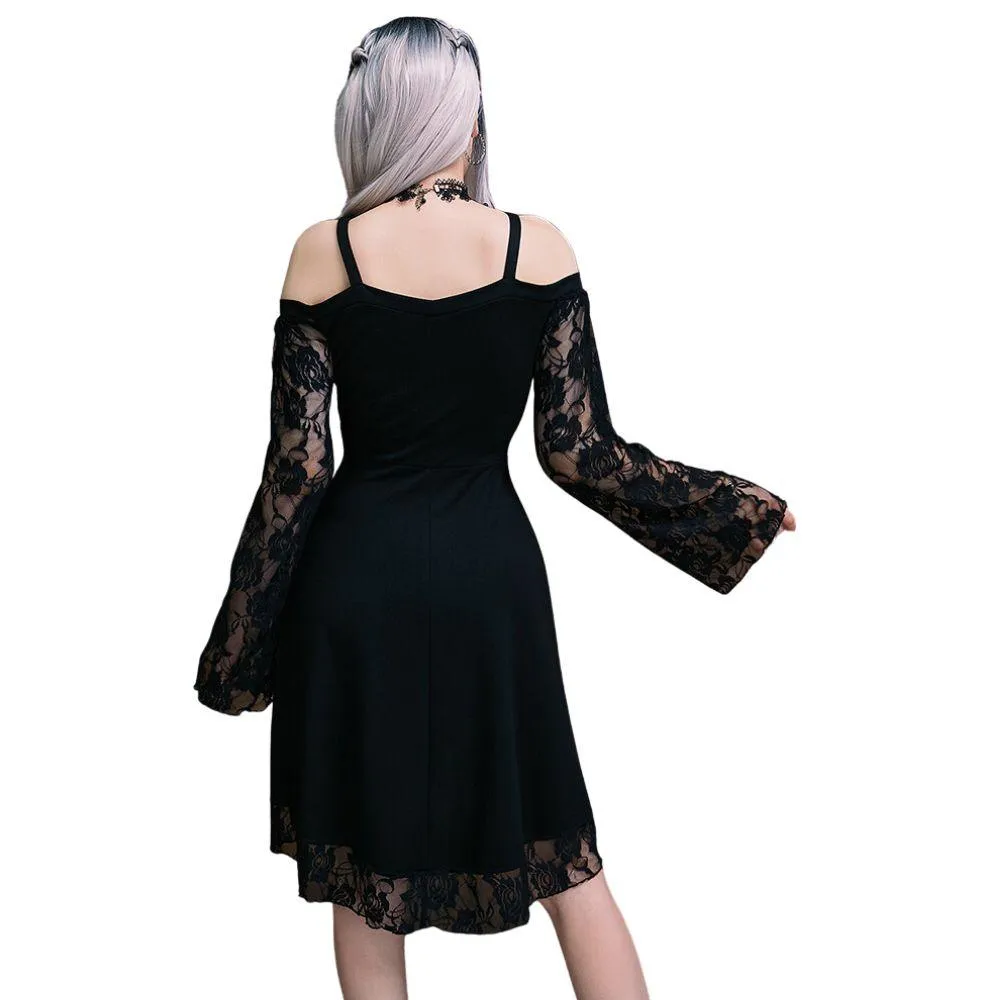 Gothic Flared Lace Sleeve Vintage Style Dress Grunge Fairy Lace Patchwork Black Y2K Punk Mall Goth Rock Kawaii Cute Sexy Floral