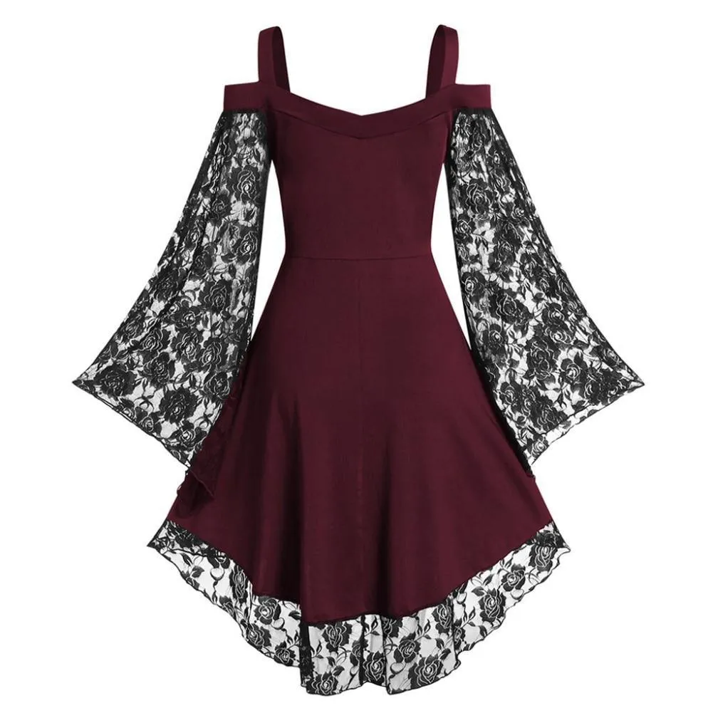 Gothic Flared Lace Sleeve Vintage Style Dress Grunge Fairy Lace Patchwork Black Y2K Punk Mall Goth Rock Kawaii Cute Sexy Floral