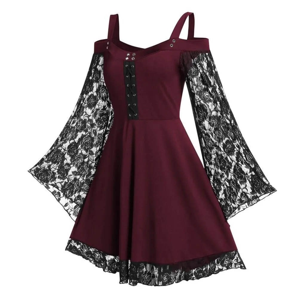 Gothic Flared Lace Sleeve Vintage Style Dress Grunge Fairy Lace Patchwork Black Y2K Punk Mall Goth Rock Kawaii Cute Sexy Floral