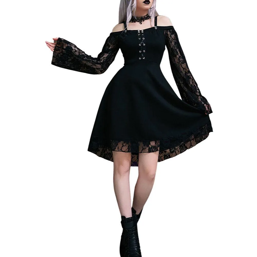 Gothic Flared Lace Sleeve Vintage Style Dress Grunge Fairy Lace Patchwork Black Y2K Punk Mall Goth Rock Kawaii Cute Sexy Floral
