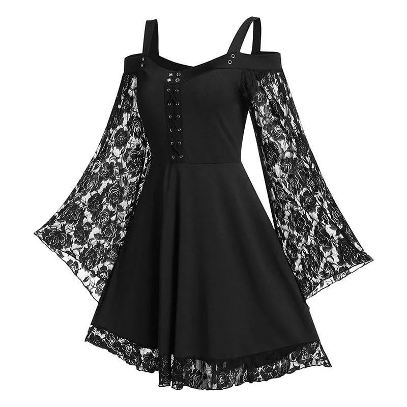 Gothic Flared Lace Sleeve Vintage Style Dress Grunge Fairy Lace Patchwork Black Y2K Punk Mall Goth Rock Kawaii Cute Sexy Floral
